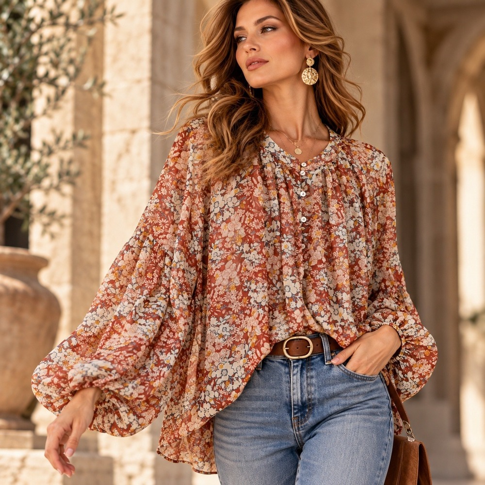Fate Floral Balloon Sleeve Blouse Rust Gold Metallic Boho Feminine Top Large
